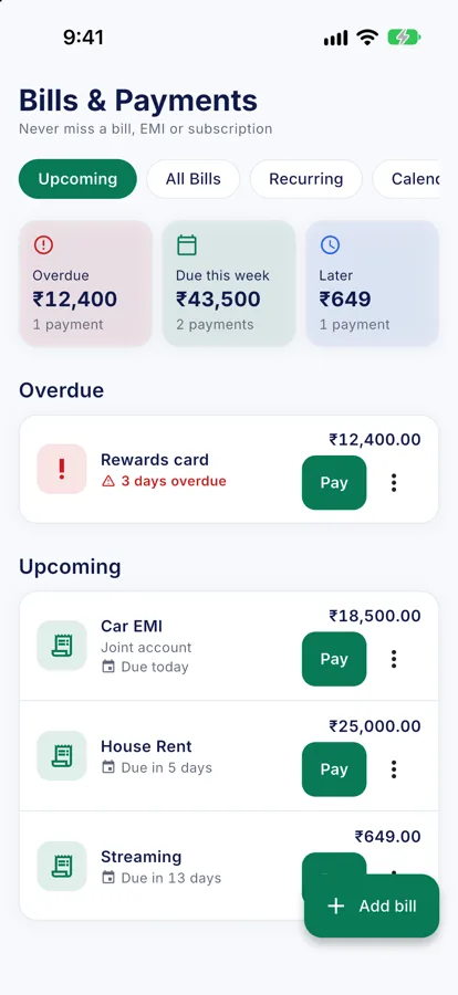Bills & EMIs screen in GharHisab