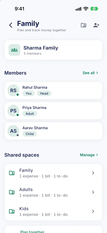 Family sharing screen in GharHisab