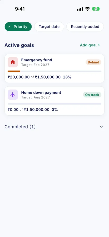 Goals screen in GharHisab